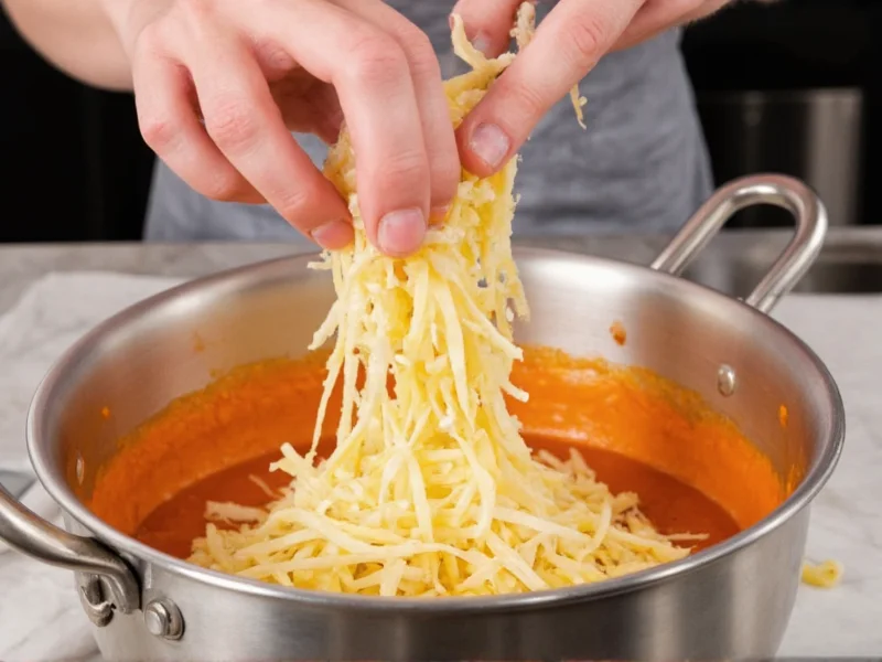 Chef folding shredded cheese into nacho sauce mixture