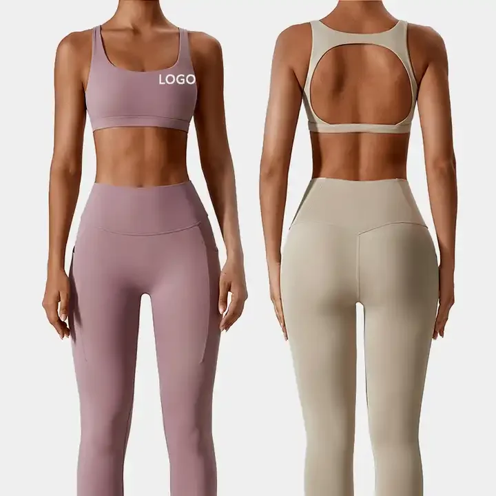 

Factory Custom Hot Selling Nude Soft Shockproof Gathering Push Up Yoga Sets Fitness Women Yoga Crop Top Sports Bra And Leggings