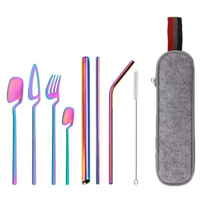 

New Product Stainless Steel Straw Combination Knife Fork Spoon Outdoor Travel Camping Portable Tableware Set, Gold,silver,rose gold,black,colorful