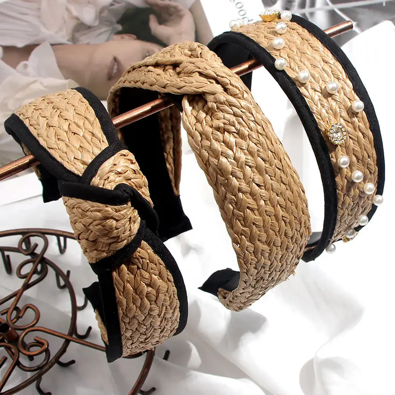 

Bohemian Beach Party Hair Jewelry For Women Girls Handmade Raffia Braided Pearl Headband Straw Weave Black Broadside Headband, 3 colors