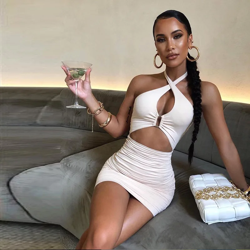 

Ribbed Solid Skinny Simple Mini Dresses Women Casual Streetwear Strap Neck-Mounted Sexy Backless Bodycon Female Outfits dress