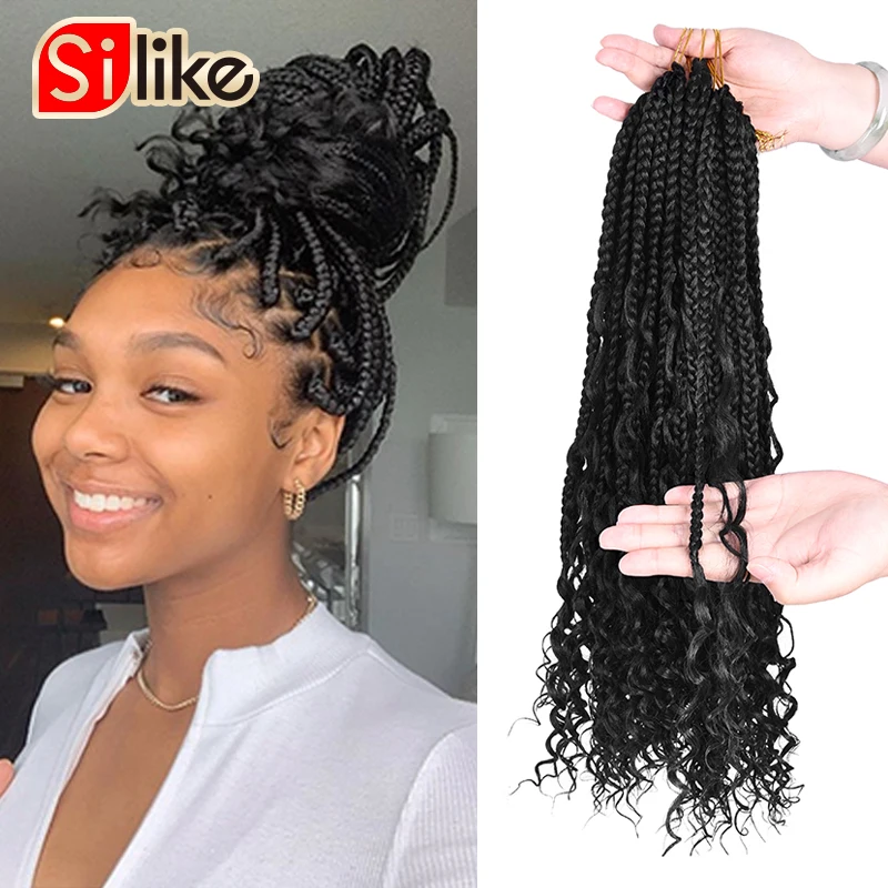 

Silike 18 inch Box Braids With Curl Synthetic Bohemian Box Braiding Ombre Messy Goddess Crochet Hair Extensions For Women