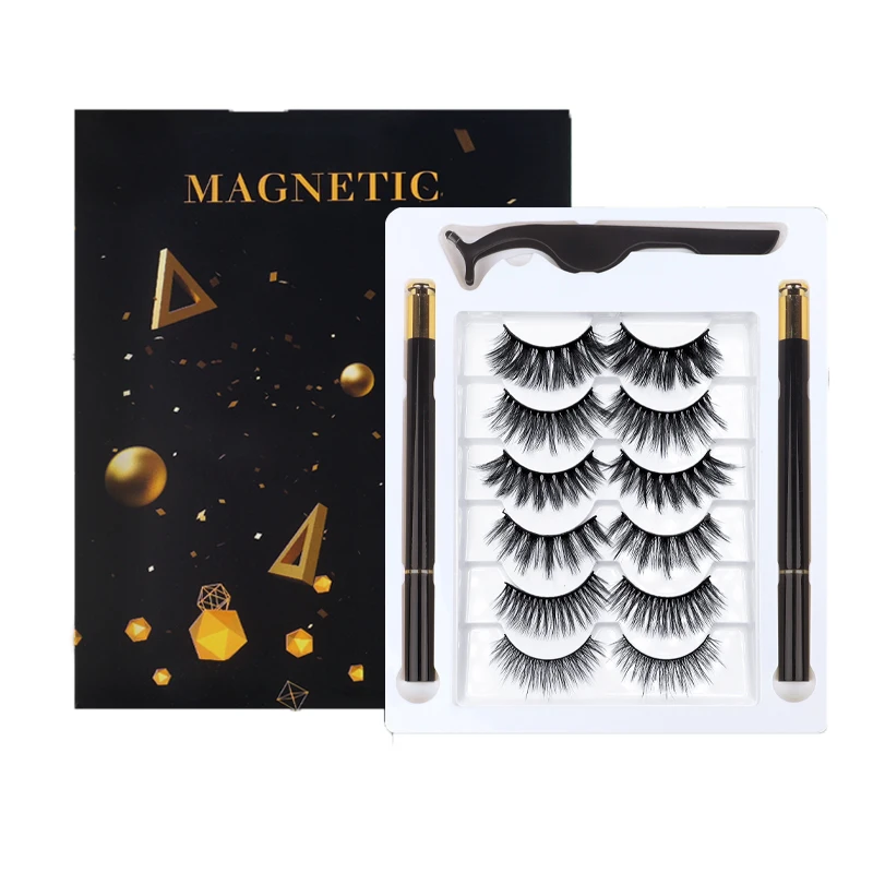 

6 Pairs Mixed 3D Eye Eyelash Extension Other Eyelashes Magnetic Eyelashes With Two Liquid Eyeliner Glue Pen, Natural black