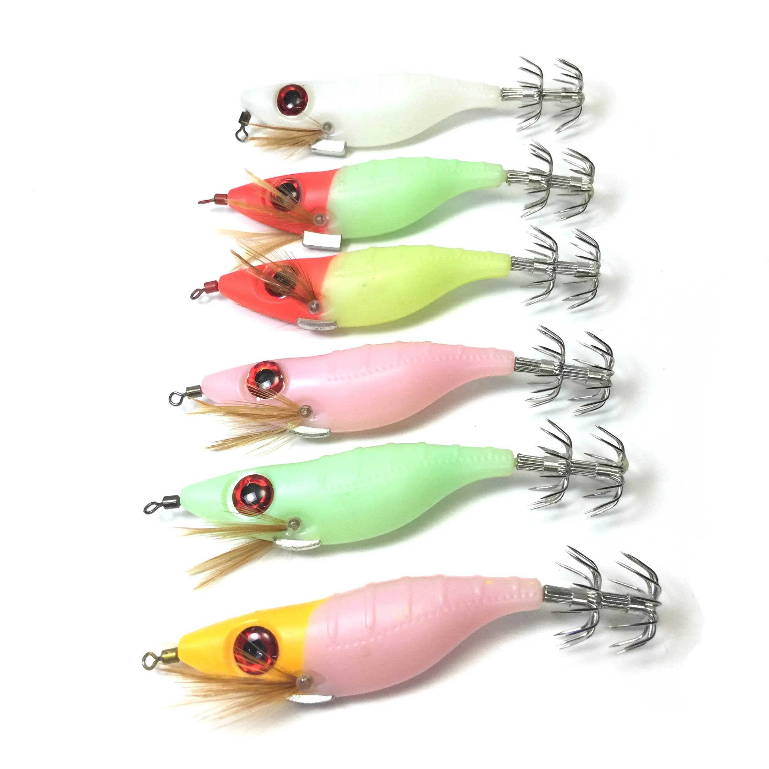 

Luminous Wooden Shrimp Squid Hook Fishing Lure Japanese Squid Jig with big eye jig, Pink/red/blue/white/orange,customizable