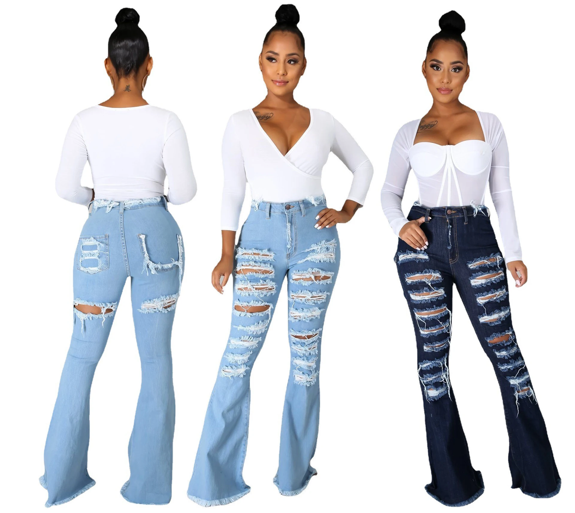 

YD Wholesale Jeans Women 2021 Ladies Full Length Ripped Jeans Pants Summer Women Jeans Denim Flare Pants