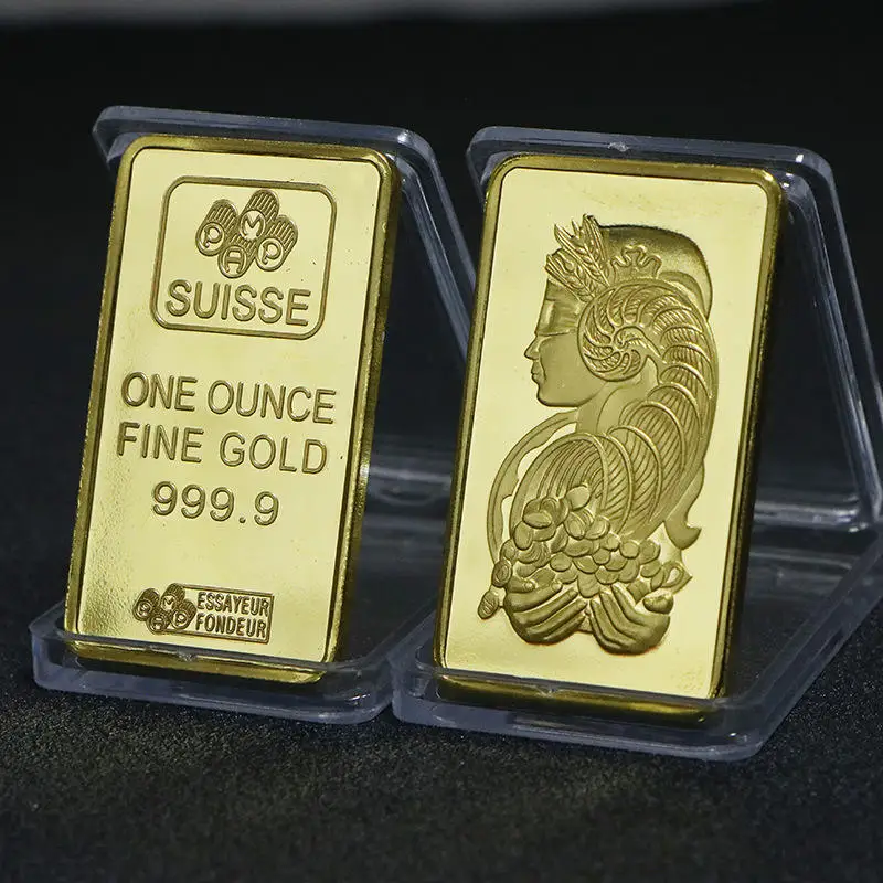 

Switzerland Suisse Lady Fortuna Lucky Metal One Ounce Solid 24k Gold Plated Silver Bullion Bar In Stock