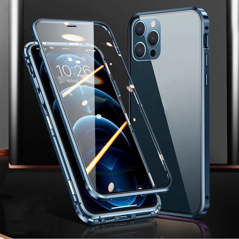 

New Metal Magnetic Adsorption Case For iPhone 12 Pro Max Double-Sided Tempered Glass Magnet Case For iPhone 12 Mini
