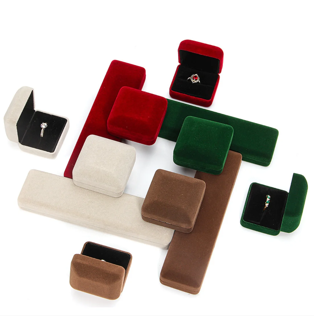 

2021 fashion velvet jewellery package boxes packaging box jewellery joyero boite a bijoux ring box, Red, brown, white, green