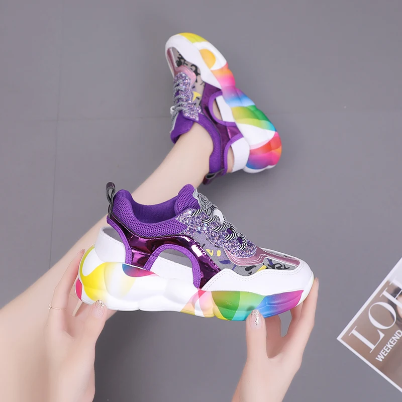 

Fashion Sneakers Woman Pink Chunky Casual Shoes Platform Designers Female Mesh Vulcanized Shoes 2020 Hollow out Trainers