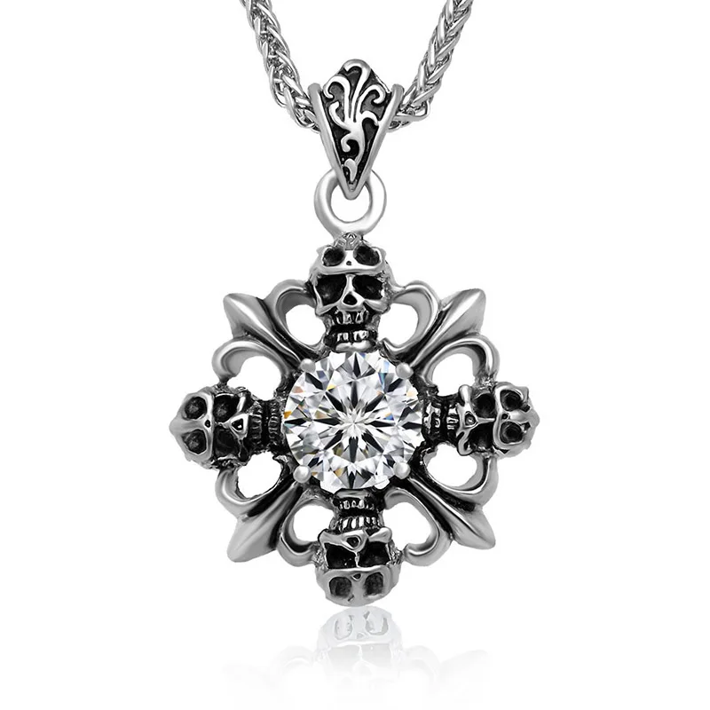 

Men's Titanium Steel Gothic Four Skull Pendant Necklace with with center Diamond