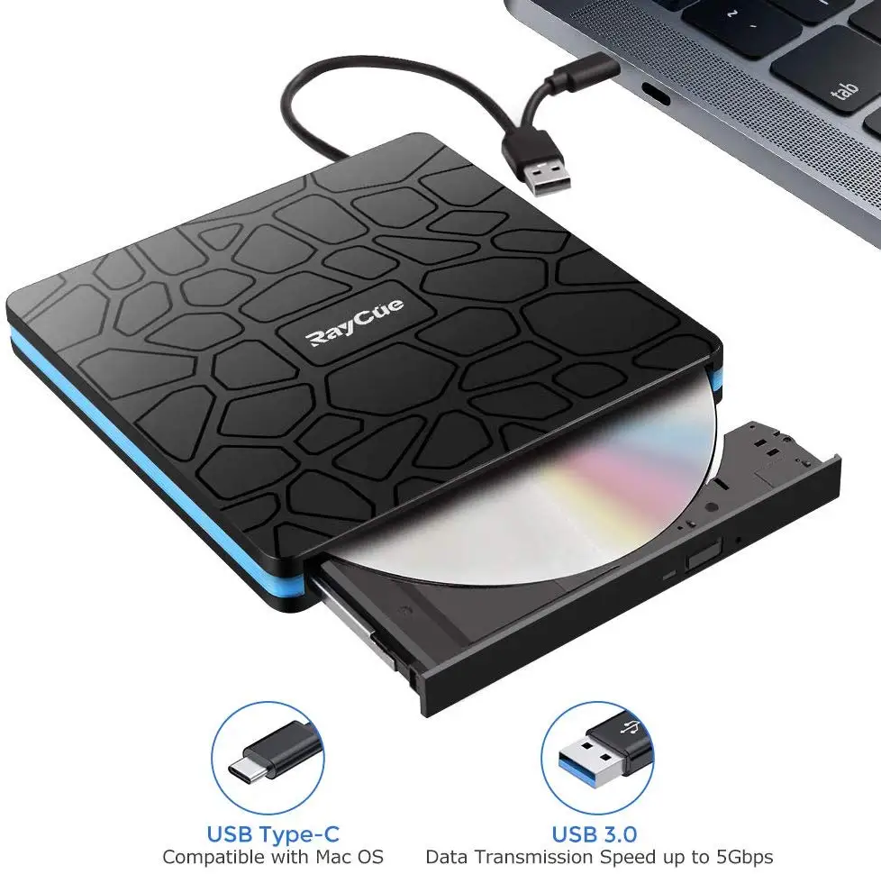 
Raycue High-Speed Low Noise External CD DVD Player Drive Portable CD-RW Burner Reader with USB 3.0 Type-C 