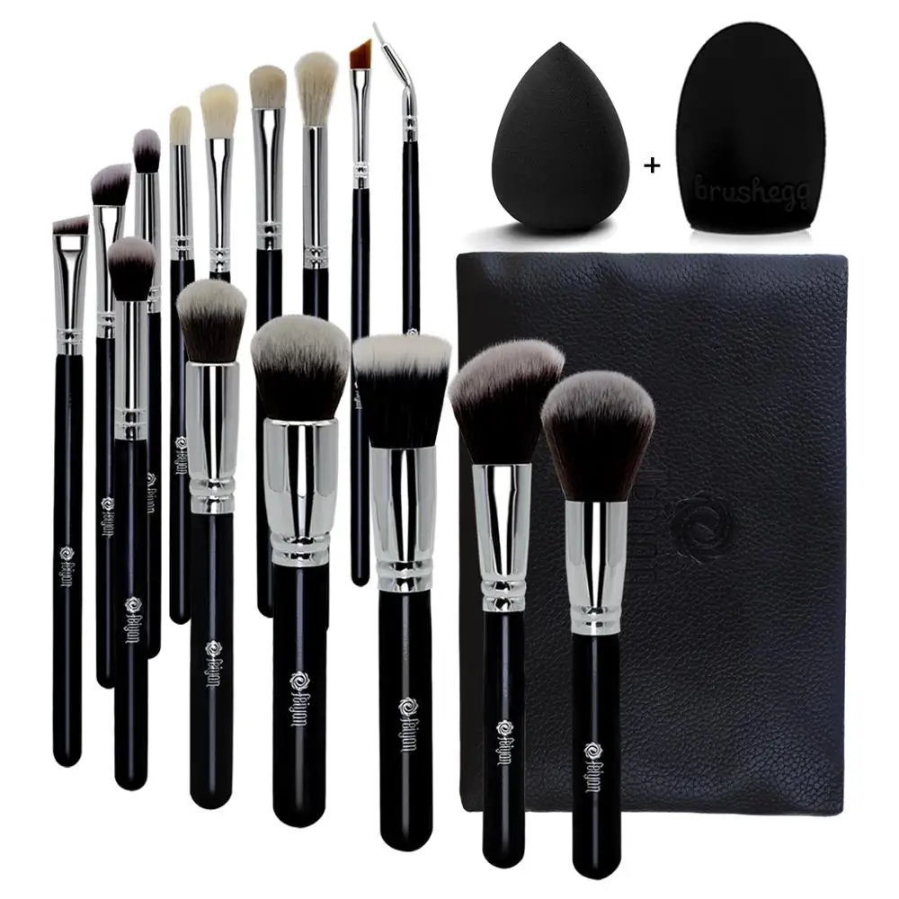 

Luxury 15pcs synthetic hair High end malaysia custom label makeup brush set with PU bag, Black