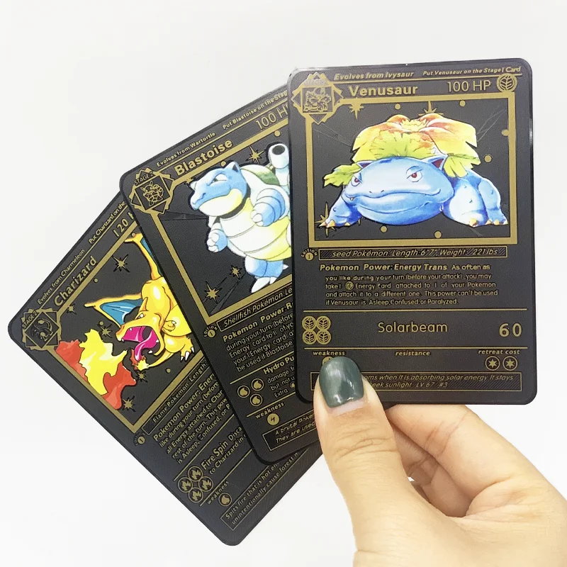 

Custom RTS 2022 newest printed shiny black 1st edition Charizard Blastoise Venusaur metal pokemon cards