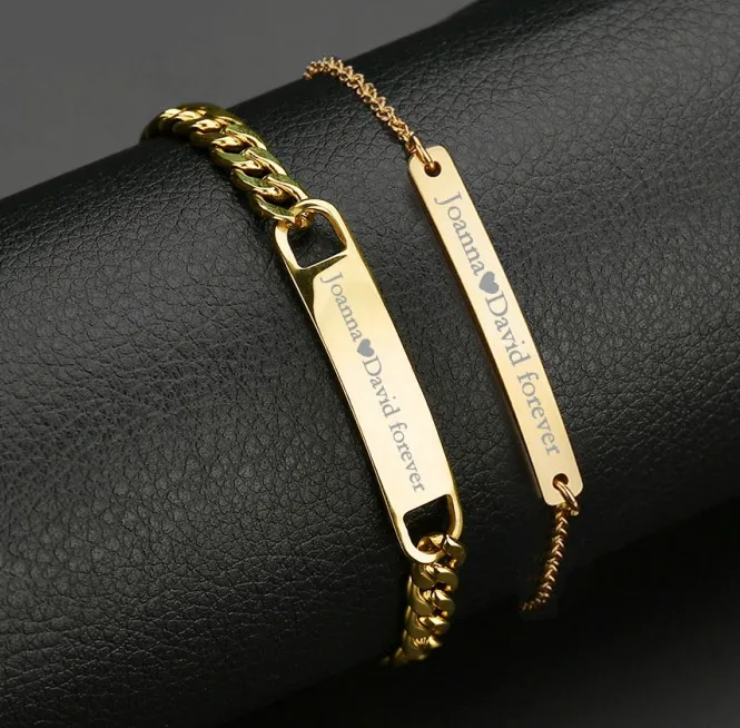 

2021 Customized Engraving Nameplate Bar Link Bracelet Personalized Jewelry Couple Stainless Steel Chain Id Bracelets For Lover