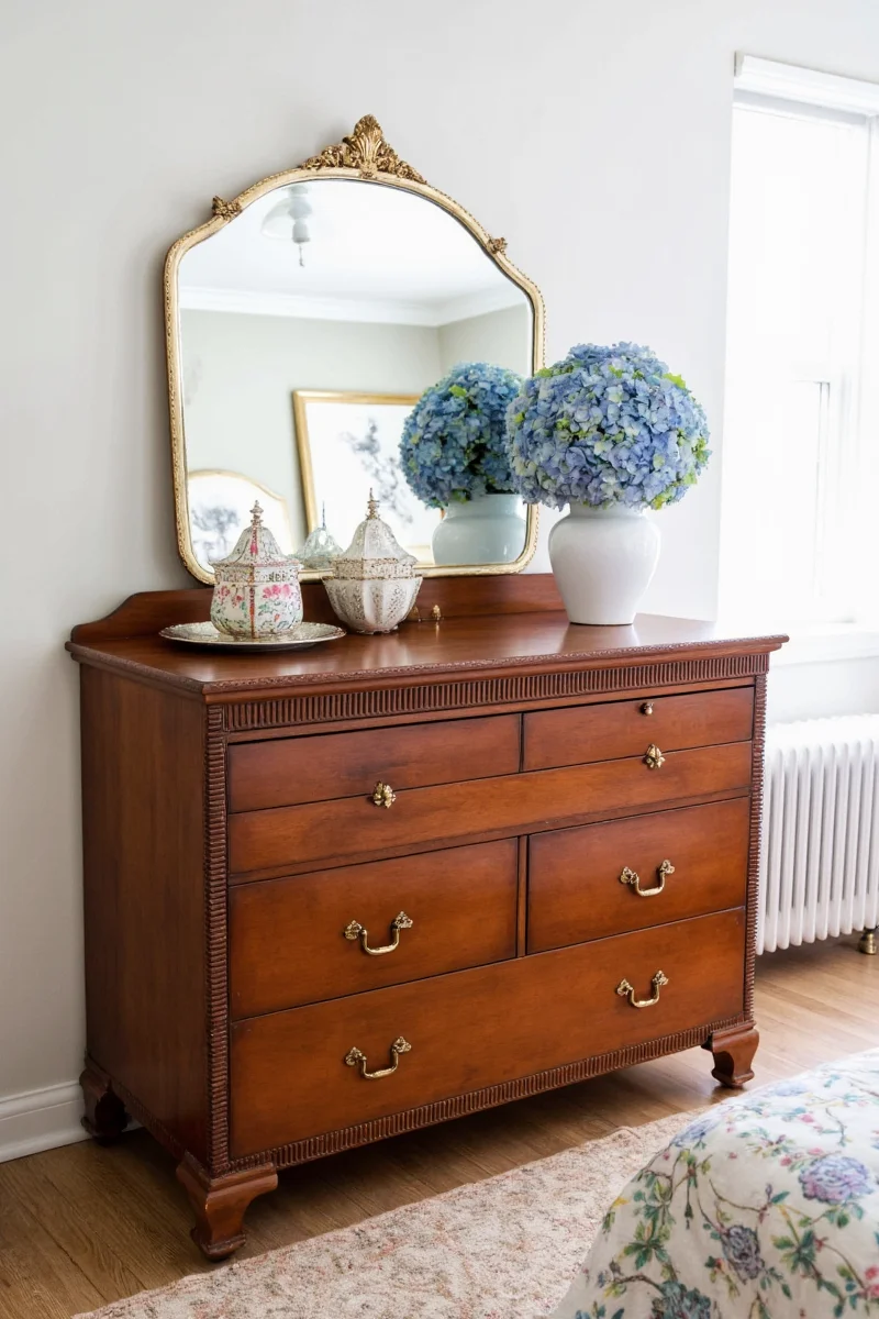 Antique dresser with floral accents in a cozy bedroom