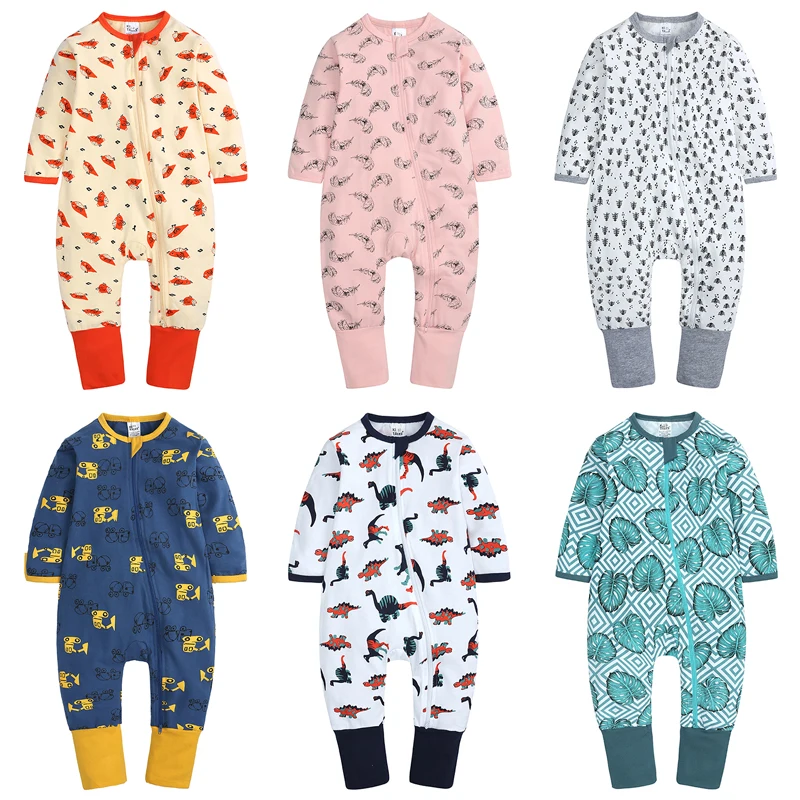 

New Born Bodysuits Double Zipper Romper Baby Pyjamas Organic Cotton Baby Infant Toddlers Long Sleeve Clothes Rompers, As picture