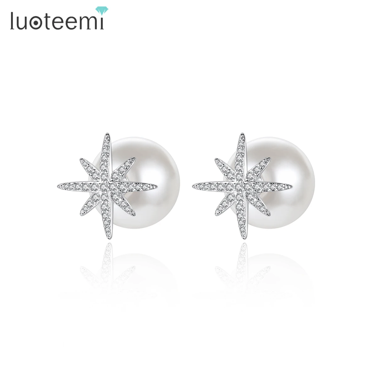 

LUOTEEMI Hot Selling Korean Fashion Zircon Star Big Pearl Wholesale Double Side Earrings Stud