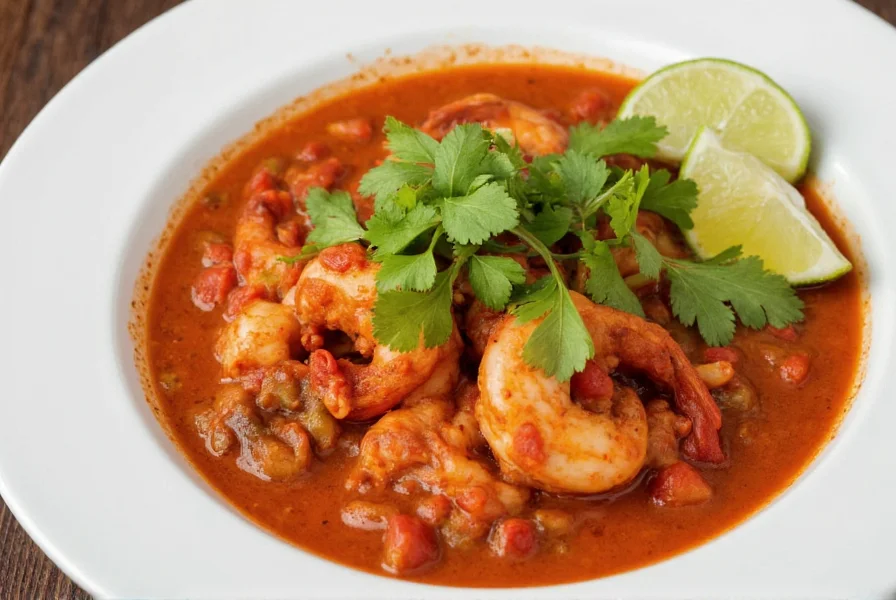 Finished seafood chili served in white bowl with fresh cilantro garnish and lime wedges