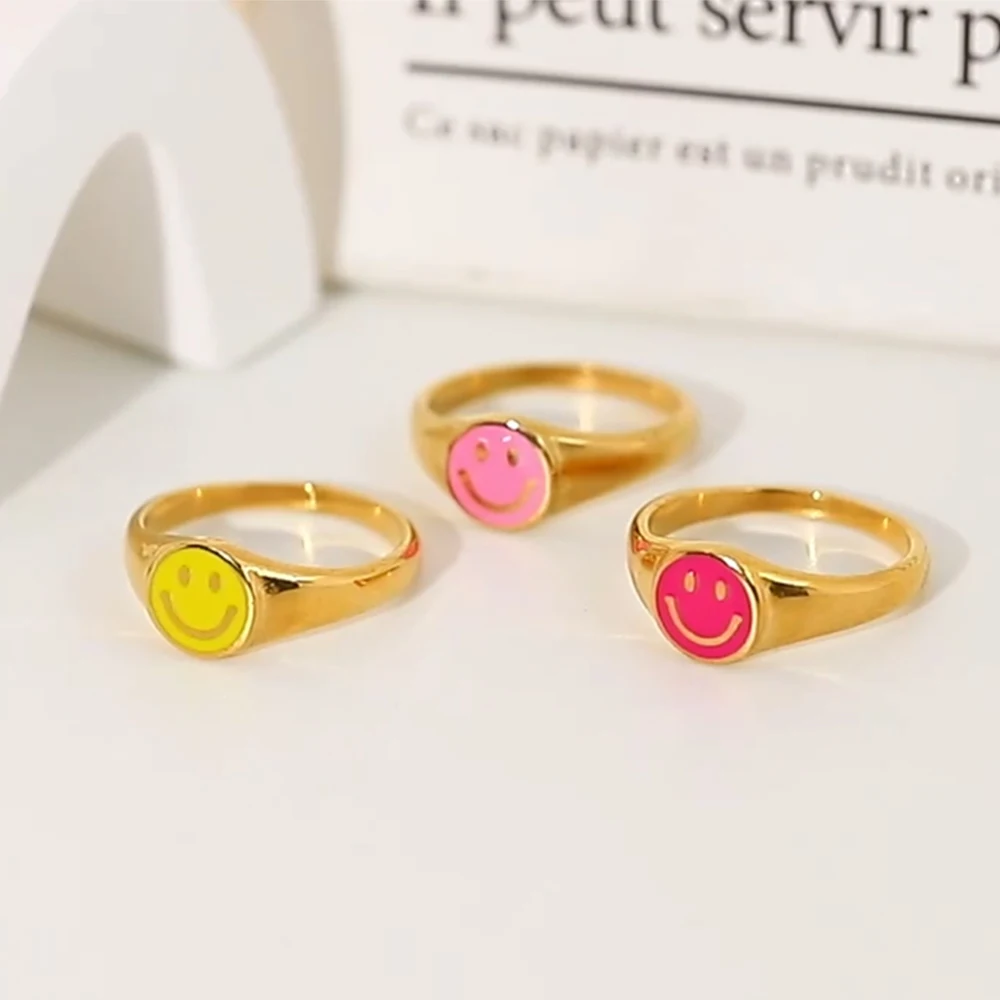 

Fashion Colorful Enamel Stainless Steel Jewelry Smiley Happy Face Rings For Women 18k Gold Plated Signet Ring Tarnish Free