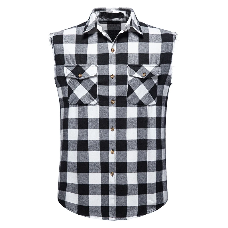 

Men plaid flannel shirt fashion sleeveless hip hop flannel shirt oversize men flannel shirt