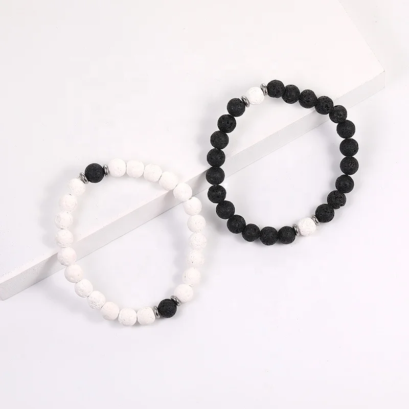 

2pcs/set Handmade DIY Stainless Steel Jewelry volcanic stone bracelet unique Black and White Beads Bracelet for Women and men