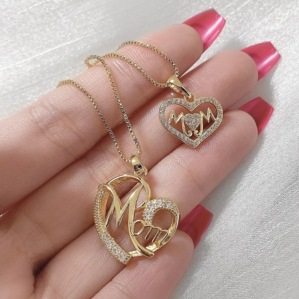 

New Arrival 2021 Mother's Day Gift Letter Mom Crystal Heart Pendant Necklace Gold Plated Drop Necklace, Picture