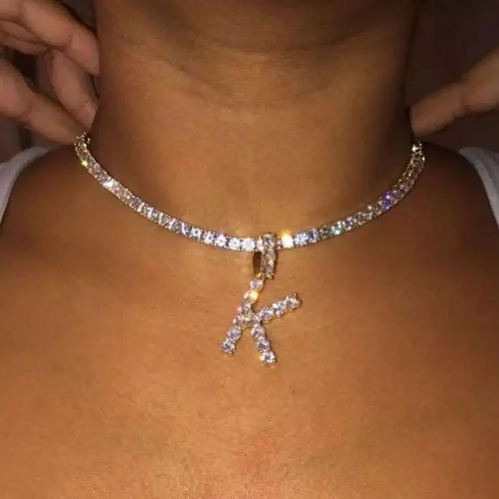 

Hip Hop Iced Out Crystal CZ 26 Alphabet Letter Tennis Chain Necklace Cubic Zirconia Tennis Chain Initial Letter Necklace