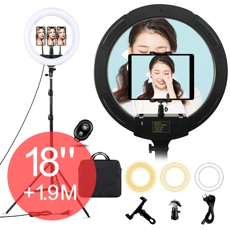 

18'' 3 Colors Remote Dimmable 45cm 18inch LED Ringlight Beauty Makeup Selfie Foldable 45 cm 18 inch Ring Light with Tripod Stand