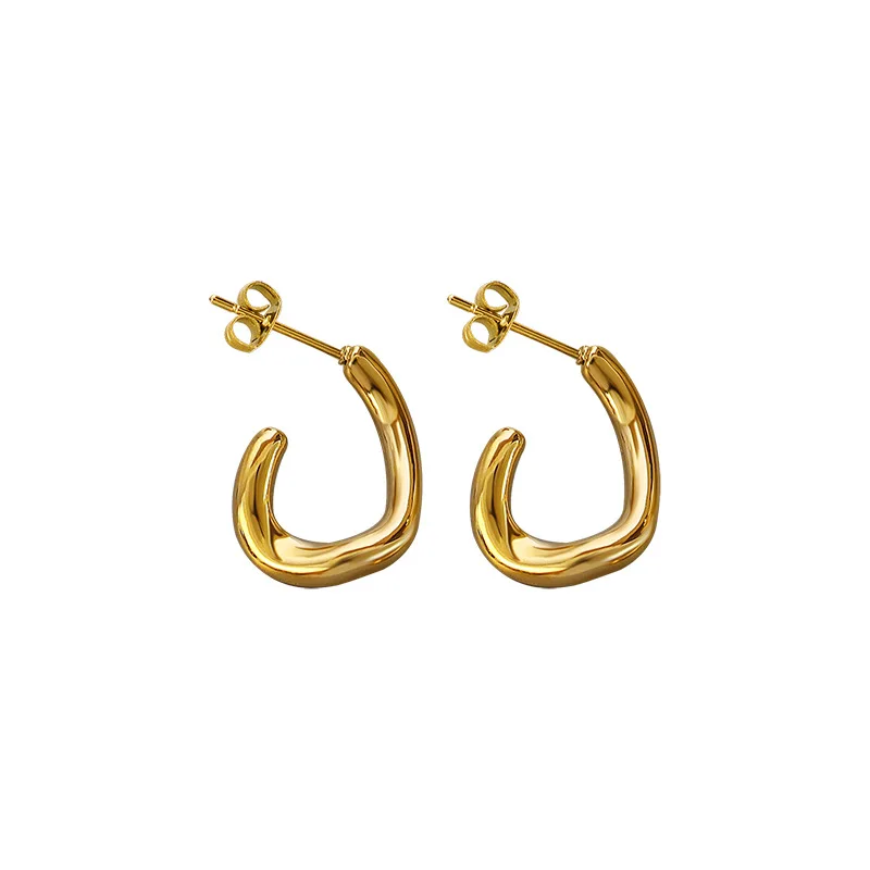 INS Simple Stainless Steel 18K Gold Plated Irregular C Shaped Circle Earring Titanium Steel IP Geometric Curve Circle Earrings