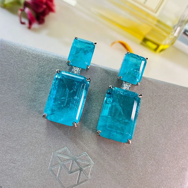 

925 Sterling Silver Rhodium Geometric Square Shaped Synthetic Paraiba 925 Silver Earring