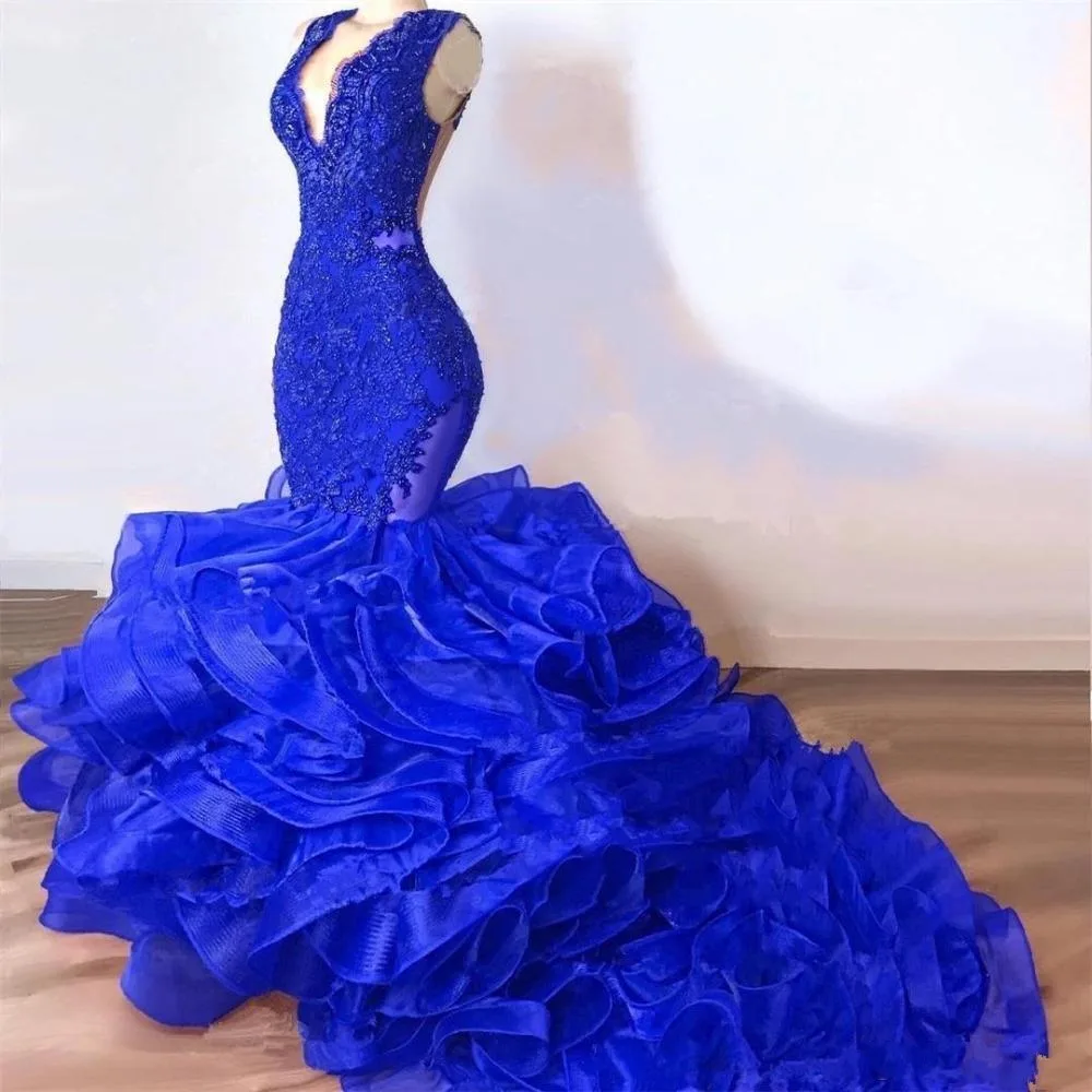 

Royal Blue Beaded Mermaid Prom Dresses Deep V Neck Appliqued Formal Dress Court Train Tiered Organza Evening Gowns, Same as picture/custom made