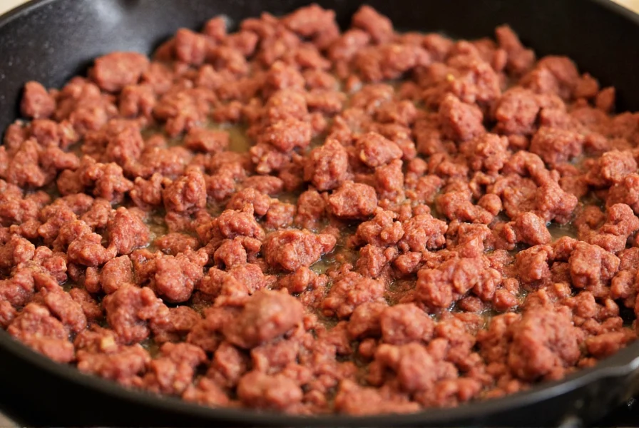 Close-up of ground beef browning in cast iron skillet for chili preparation