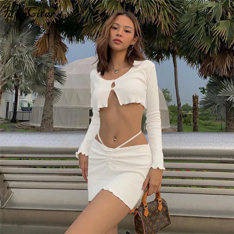 

Long Sleeve Bandage Sexy Women Skirt Suit 2 Pieces Set Autumn Winter Women Fashion Streetwear Tracksuit White Suit Cute Wear