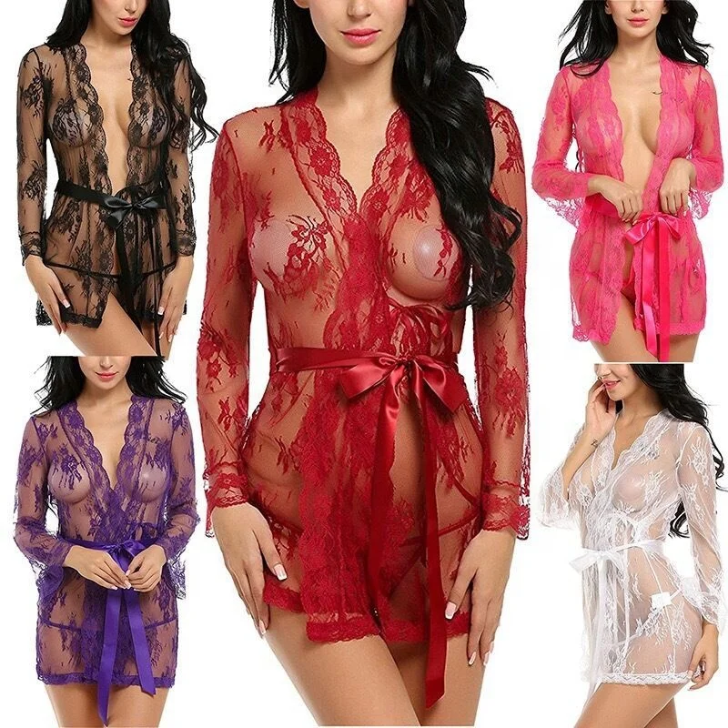 

plus size S-3XL sexy nighty for honeymoon women Lace erotic Lingerie See Through Nightgown, As picture