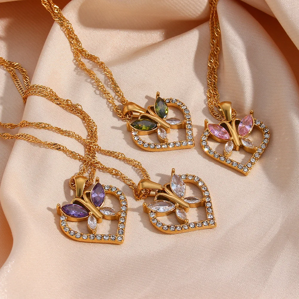 

Punk Hip Hops Gold Plated Titanium Steel Crystal Butterfly Pendant Necklace Stainless Steel CZ Heart Butterfly Necklace