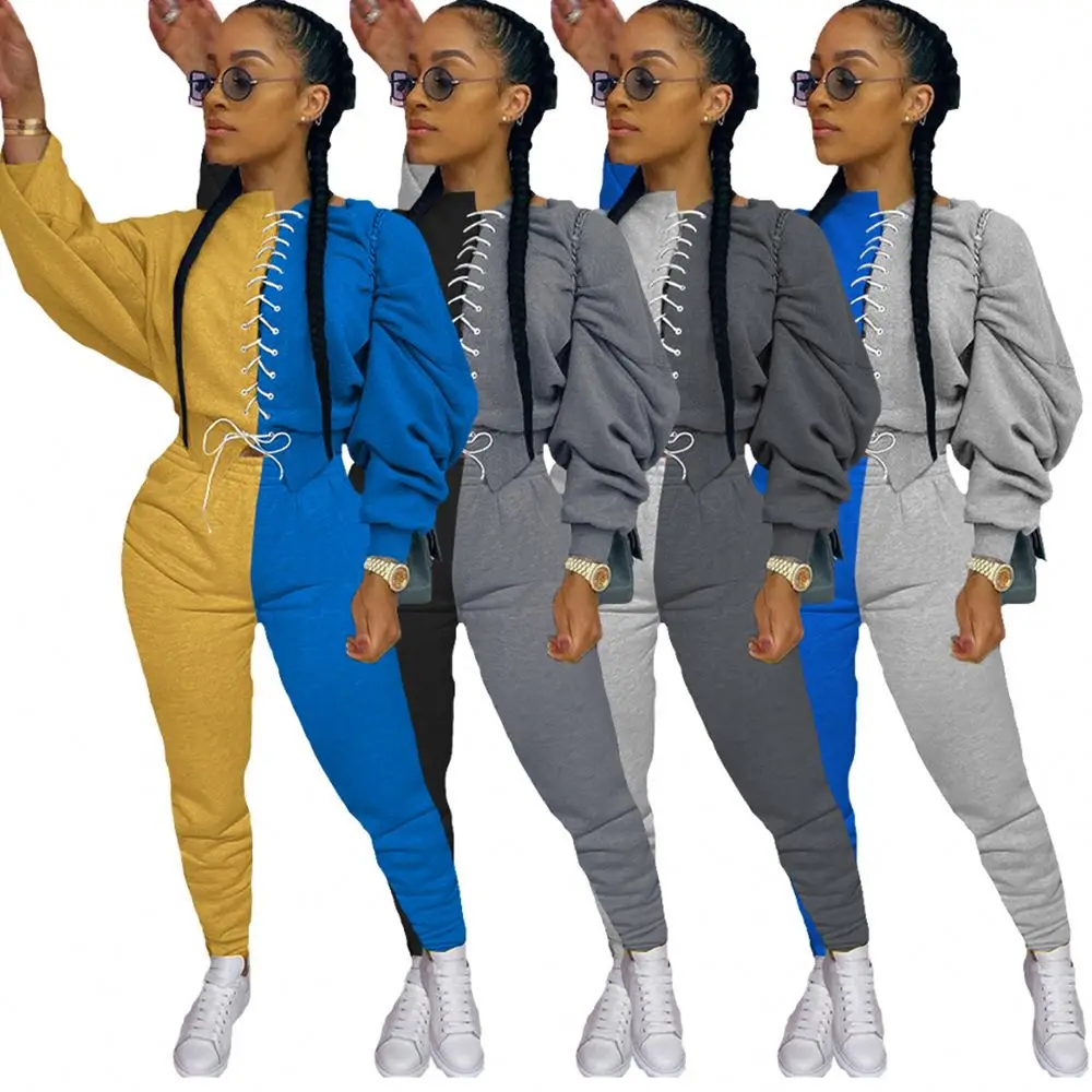 

Casual Fall Style Patchwork Lace Up Bondage Hooded Tops Pants Two Piece Sets 2 Piece Sweat Suit For Women Winter Ouftts, Gray black red pink
