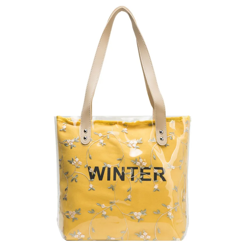 

Pvc Leather waterproof clear Flower print Wholesale Tote Bag Transparent beach tote bag handbag, White, yellow, black