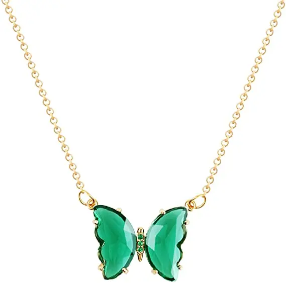 

Stainless Steel Green Necklace Jewelry Cute Charm Crystal Butterfly Pendant 18K Gold Plated Butterfly Necklaces