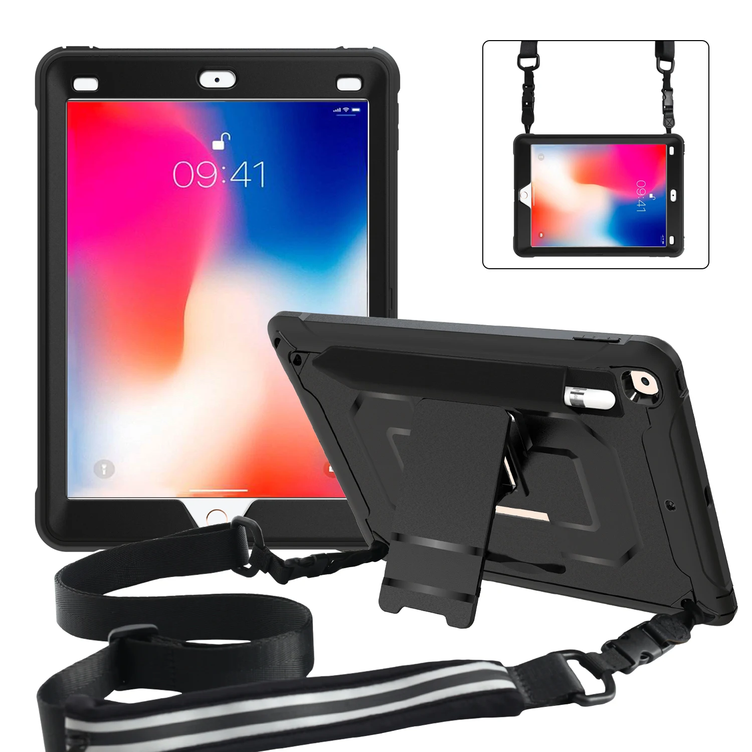 

Heavy Duty Tablet Case For New iPad 9.7 2017 2018 Armor Shockproof Pencil Holder Cover Kickstand Shoulder Strap Invisible Bag