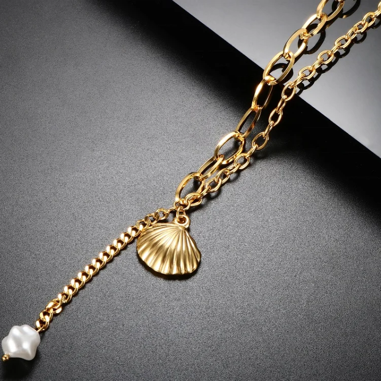 

Trendy Dainty Jewelry Chain Choker Woman Accessories Gold Plated Stainless Steel Baroque Pearl Shell Pendant Necklace, Gold/silver/rose gold