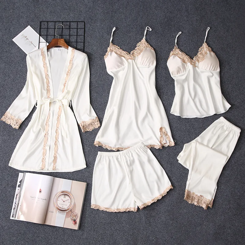 

KKVVSS JS01 Five-piece sets girl silk sleepwear bride bridesmaid bridal party pajamas short women Satin nightwear ladies vest