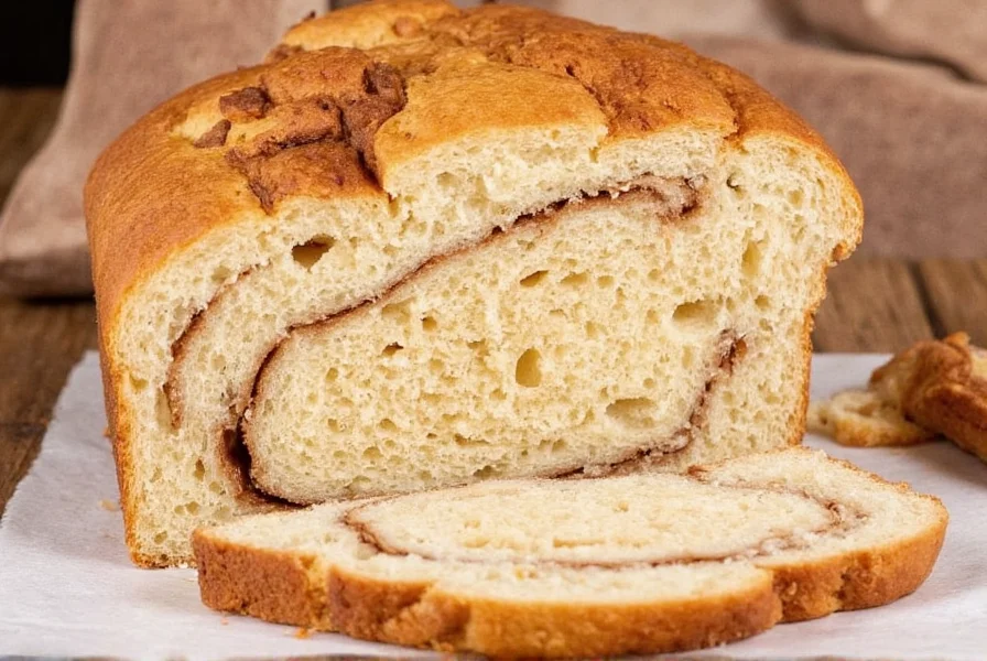 Freshly baked homemade cinnamon swirl bread sliced to show perfect spiral pattern