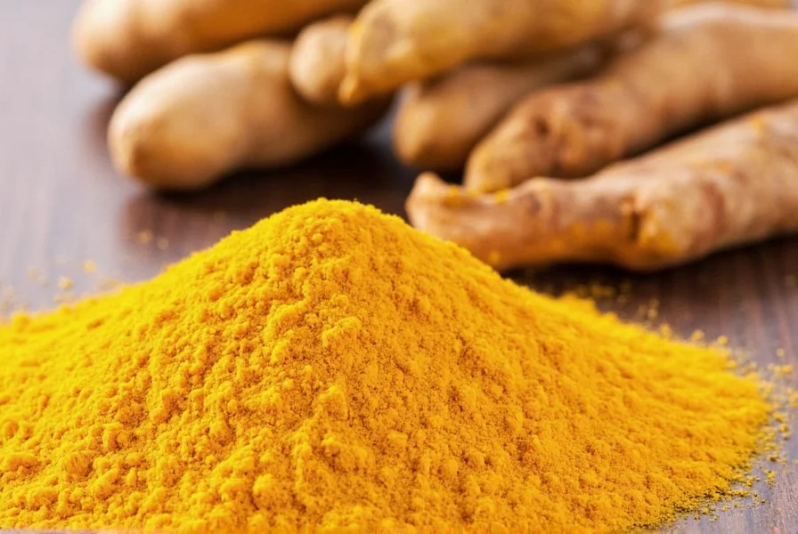 Close-up of ground turmeric powder in a spice jar with measuring spoon