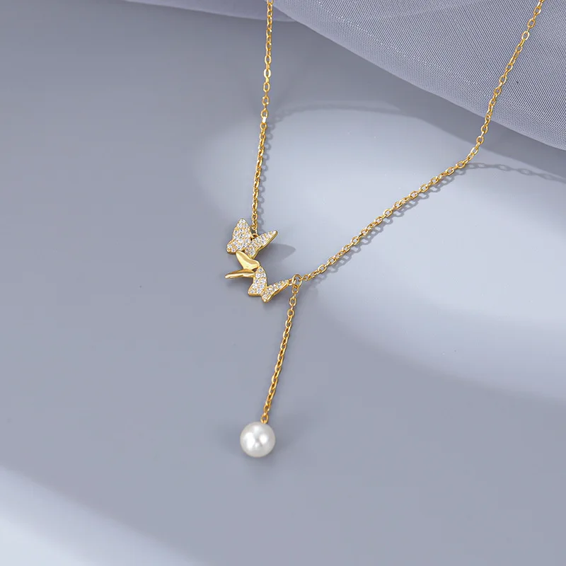 Fashion Jewelry 925 Sterling Silver Necklace butterfly Butterflies Diamond Pearl Tassel Chain Gold Plated Necklaces Women