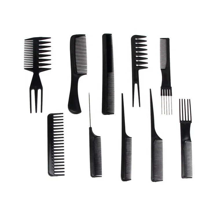 

10 Pcs/Set Professional Salon Styling Hair Brush Black Tail Edge Detangler comb and brush set Wide Tooth Comb braiding combs, Black,customized