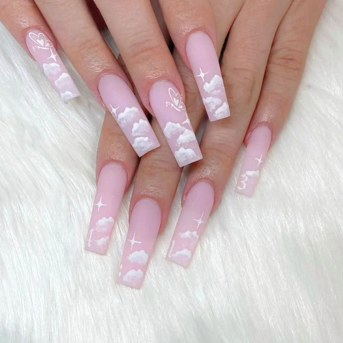 

Wholesale Private Label Full Cover Long White Blooming Gradient False Artificial Press On Nails With Rhinestone Set Fake Nail, 1 colors