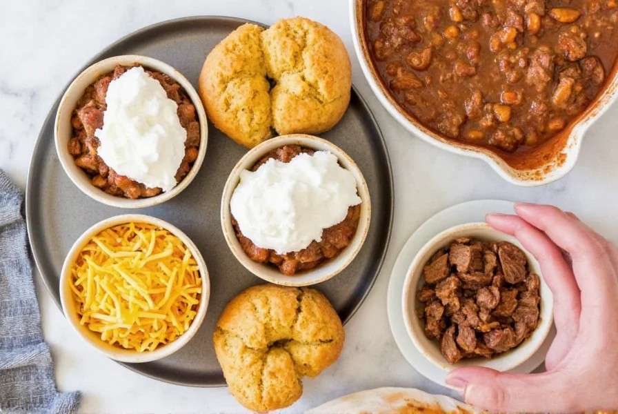 Serving suggestion for brisket chili with cornbread and toppings including shredded cheese and sour cream
