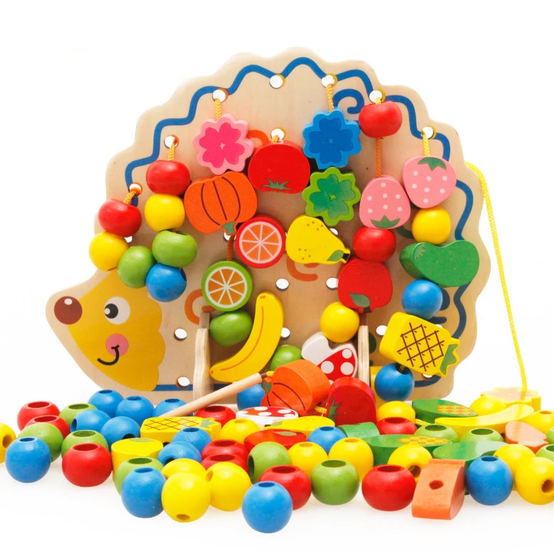 

82pcs Wooden Fruits Vegetables Lacing Stringing Beads Toys with Hedgehog Board Montessori Educational Toy Puzzle Toys Gift Kids