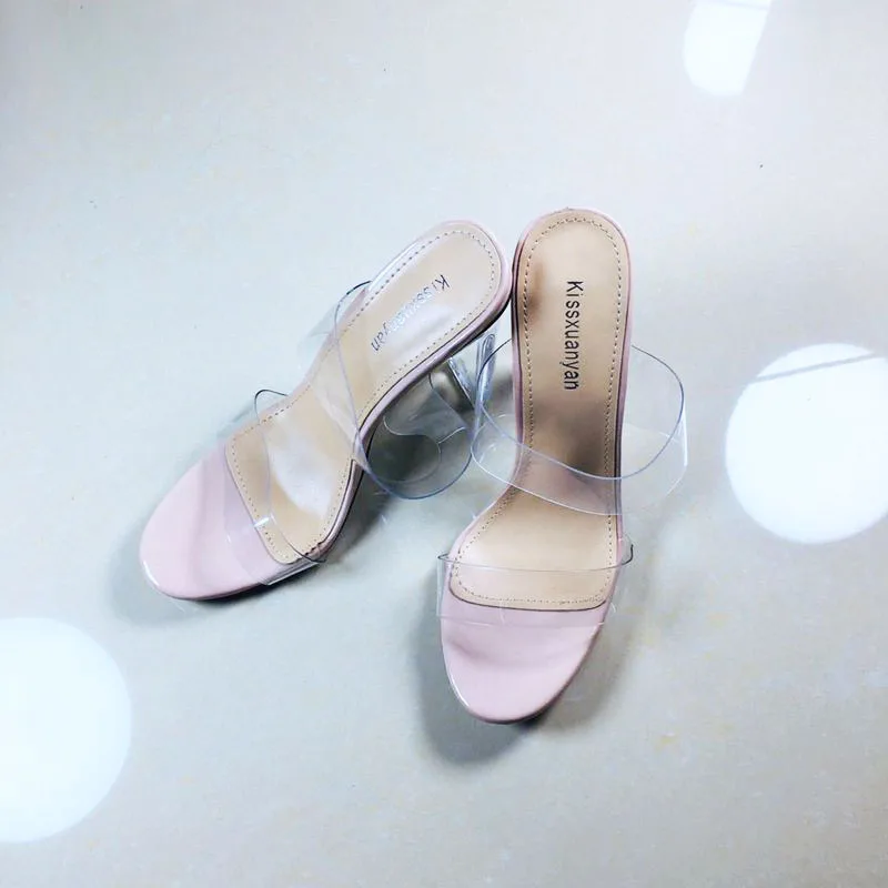 

Factory price wholesale special price Transparent PVC PU leather Block high heels slippers woman sandals shoes Apricot size 3542