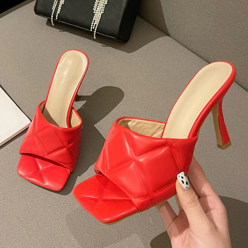 

High QualityPU Leather Women Slippers Fashion Square Toe Stiletto Heels Sandals Outside Slides Shoes Female Size 40